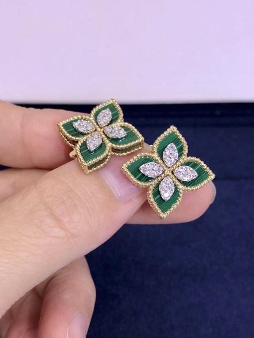 Roberto Coin Princess Flower Earrings in 18k Gold with Malachite and Diamonds