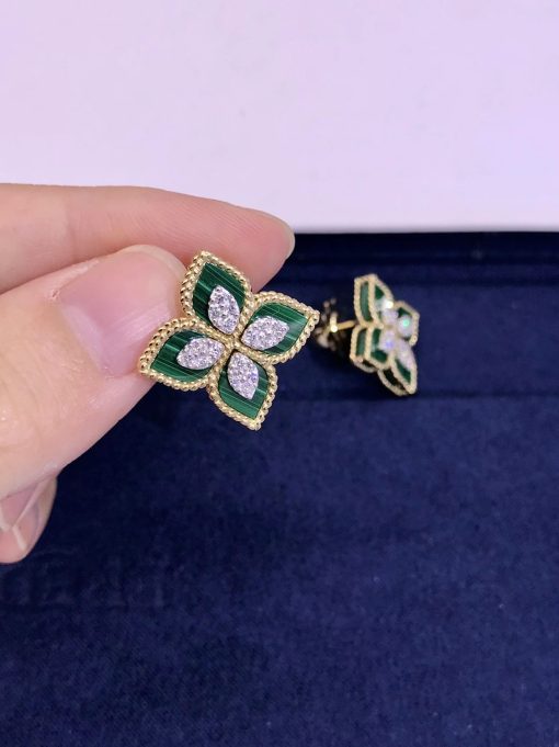 Roberto Coin Princess Flower Earrings In 18k Gold With Malachite And Diamonds (5)