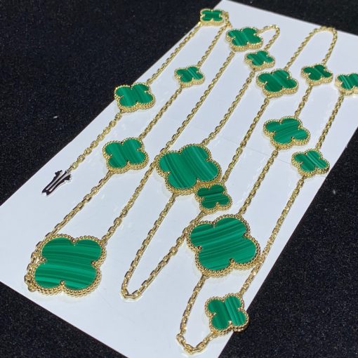 Van Cleef Arpels Magic Alhambra Long Necklace, 16 Motifs Yellow Gold Malachite VCARO2AF00