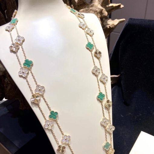 Van Cleef Arpels Vintage Alhambra Long Necklace, 20 Motifs Yellow gold, Diamond, Malachite VCARO7GP00