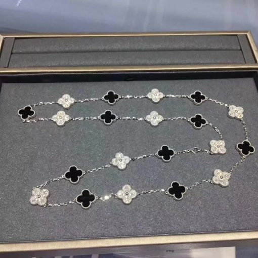 Van Cleef Arpels Vintage Alhambra Long Necklace, 20 Motifs White gold, Diamond, Onyx VCARP2R800