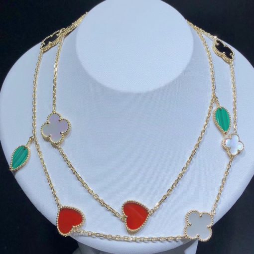 Van Cleef Arpels Lucky Alhambra long necklace 12 motifs Carnelian Malachite Mother-of-pearl Tiger Eye VCARD80100