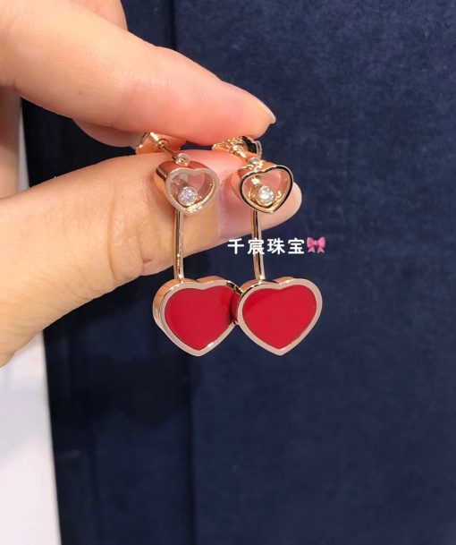 Chopard Happy Hearts Earrings, Ethical Rose Gold, Diamonds Red Stone 83A082-5801