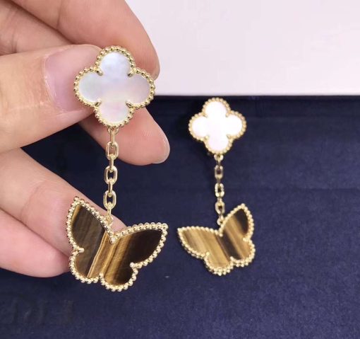 Van Cleef & Arpels Lucky Alhambra Earrings 2 Motifs Mother-of-pearl Tiger Eye VCARD79800