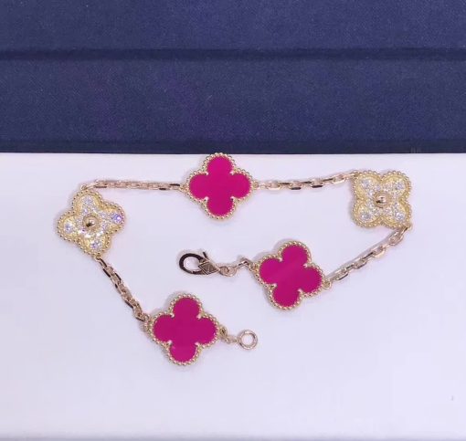 Van Cleef & Arpels Vintage Alhambra bracelet 5 motifs Diamond Pink Opal