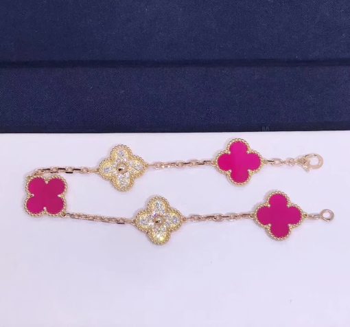 Van Cleef & Arpels Vintage Alhambra bracelet 5 motifs Diamond Pink Opal