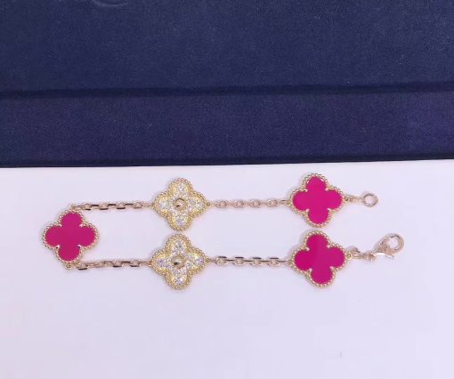 Van Cleef & Arpels Vintage Alhambra bracelet 5 motifs Diamond Pink Opal