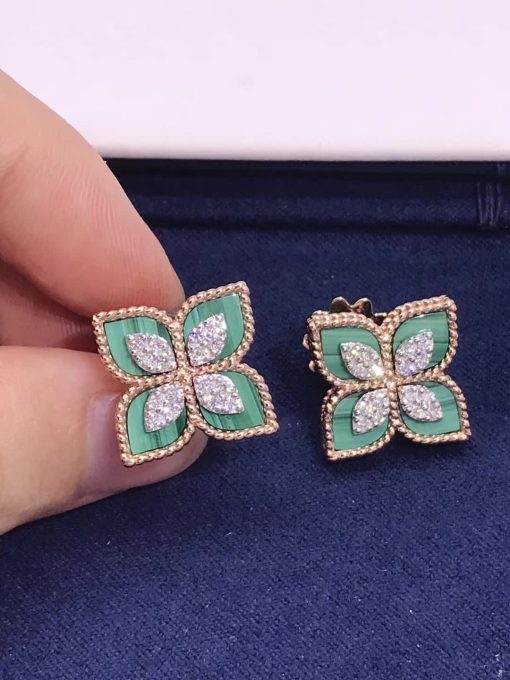 Roberto Coin Princess Flower Earrings in Rose Gold with Malachite and Diamonds ADV888EA1837_01