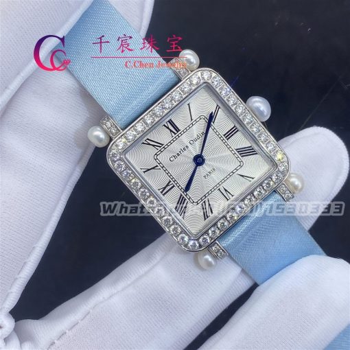 Charles Oudin Pansy Retro 24mm Medium 18 Karat White Gold Satin Pearl And Diamond Watch