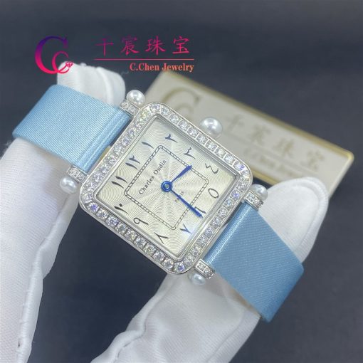 Charles Oudin Pansy Retro With Pearls Watch Medium 24mm Arabic Style Baby Blue Straps (4)