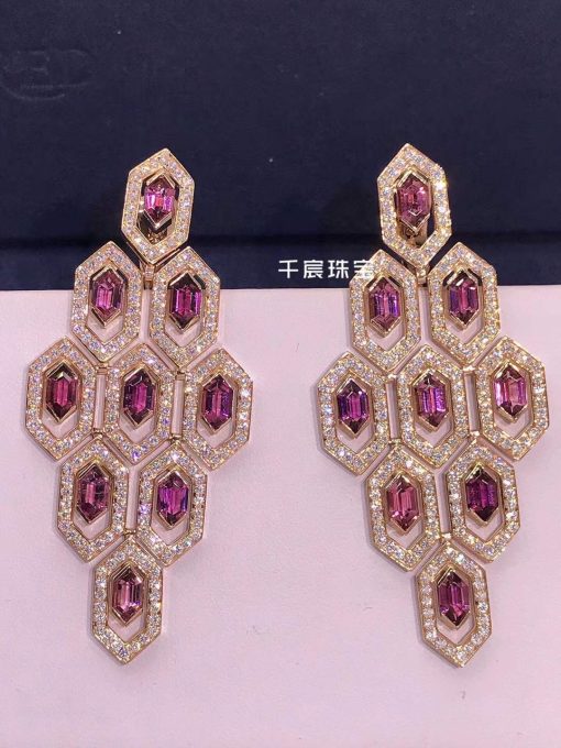 Bulgari Serpenti Earrings Rose Gold Set With Pavé Diamonds and Rubellite OR857769