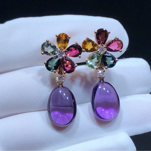 Bulgari Multicolored Sapphire Diamond And Cabochon Amethyst Flower Pendant-Earrings