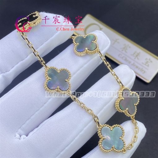 Van Cleef & Arpels Vintage Alhambra Bracelet 5 Motifs Grey Mother Of Pearl Yellow Gold