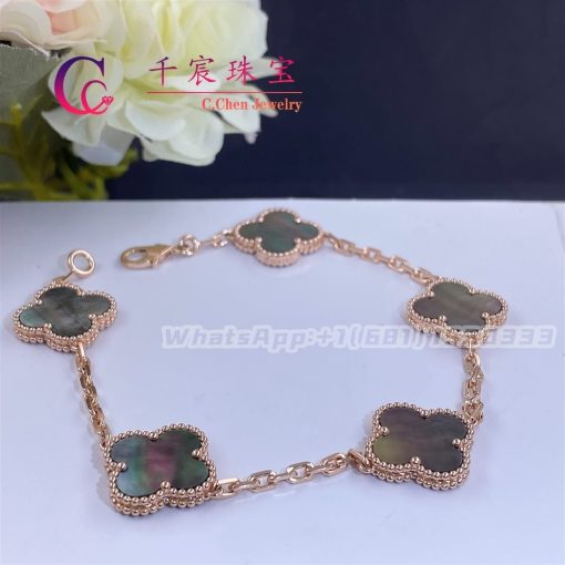 Van Cleef & Arpels Vintage Alhambra Bracelet 5 Motifs Grey Mother Of Pearl Rose Gold