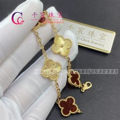 Van Cleef & Arpels Vintage Alhambra Bracelet 5 Motifs Guilloché Yellow Gold And Carnelian