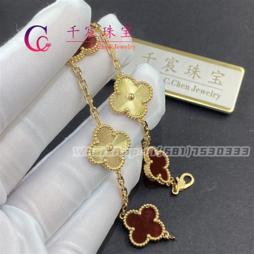 Van Cleef & Arpels Vintage Alhambra Bracelet 5 Motifs Guilloché Yellow Gold And Carnelian