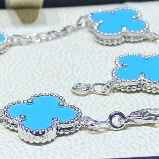 Van Cleef & Arpels Vintage Alhambra Bracelet 5 Motifs White Gold And Turquoise