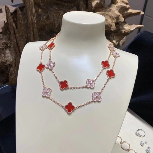 Van Cleef & Arpels Vintage Alhambra Long Necklace 20 Motifs Rose Gold Carnelian