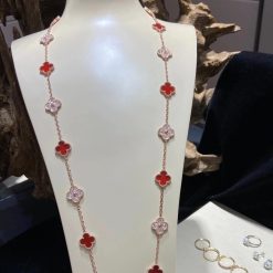 Van Cleef & Arpels Vintage Alhambra Long Necklace 20 Motifs Rose Gold Carnelian