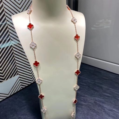 Van Cleef & Arpels Vintage Alhambra Long Necklace 20 Motifs Rose Gold Carnelian