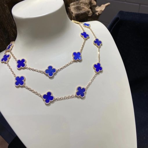 Van Cleef & Arpels Vintage Alhambra Long Necklace, 20 Motifs Yellow Gold Lapis Lazuli