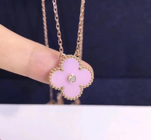 Van Cleef & Arpels Vintage Alhambra 2015 Holiday Necklace Rose Gold Pink Ceramic