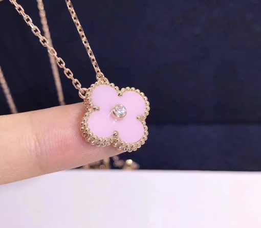 Van Cleef & Arpels Vintage Alhambra 2015 Holiday Necklace Rose Gold Pink Ceramic