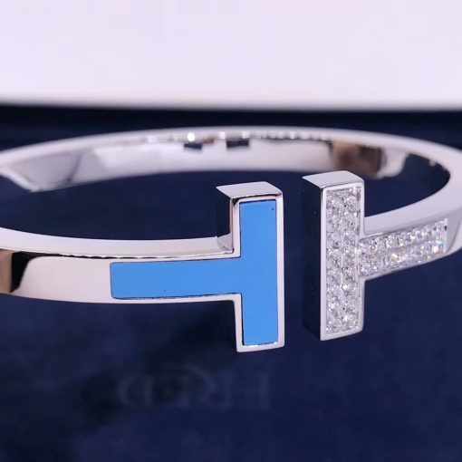 Tiffany T Pavé Diamond Square Bracelet in 18k White Gold and Turquoise