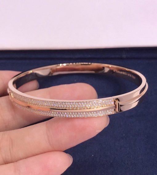 Tiffany T Pavé Diamond Hinged Bangle in 18k Rose Gold 60153440