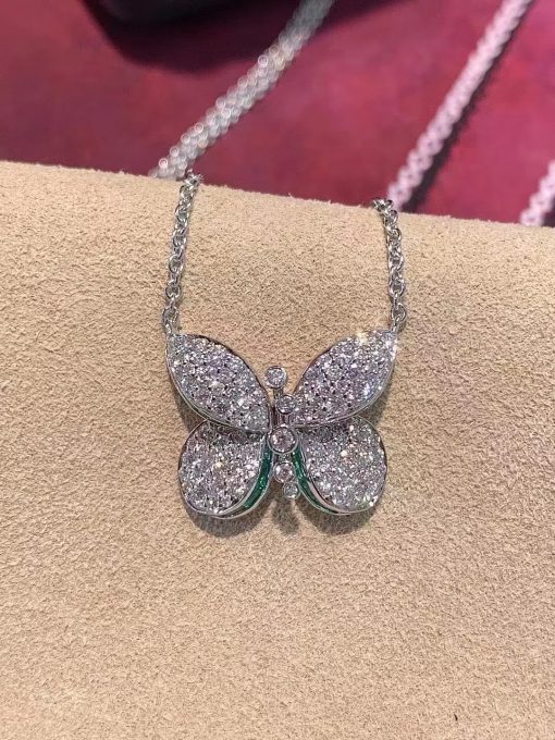 Graff Princess Butterfly Pendant with Round Diamond & Baguette Emerald Necklace RGP607