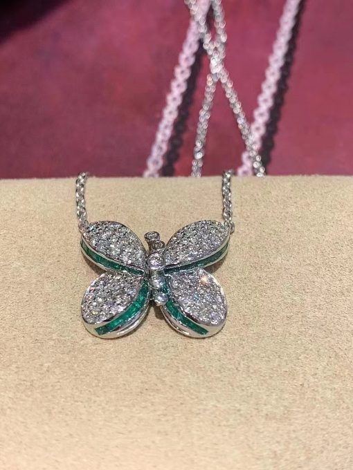 Graff Princess Butterfly Pendant with Round Diamond & Baguette Emerald Necklace RGP607