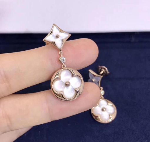 Louis Vuitton Color Blossom Long Earrings White Mother-Of-Pearl And Diamonds Q96668