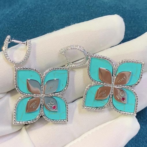 Roberto Coin Princess Flower Earrings With Diamonds And Turquoise 34mm (2)