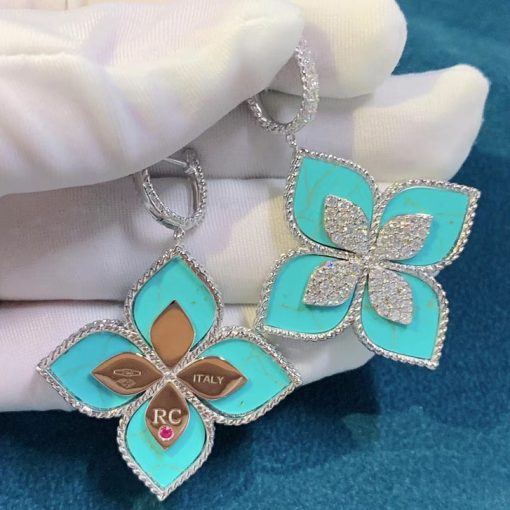 Roberto Coin Princess Flower Earrings With Diamonds And Turquoise 34mm (4)