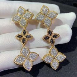 Roberto Coin 18k Gold White Black Diamond Princess Flower 3 Flower Drop Earring (6)