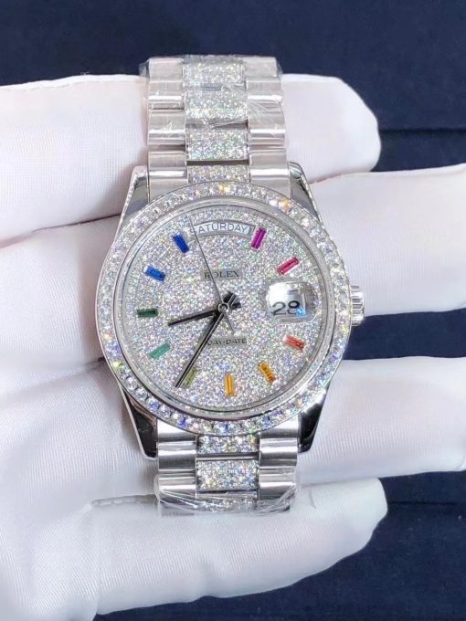 Rolex Day-Date 36 128349RBR President 18K White Gold Pave Rainbow Baguette Diamond Dial