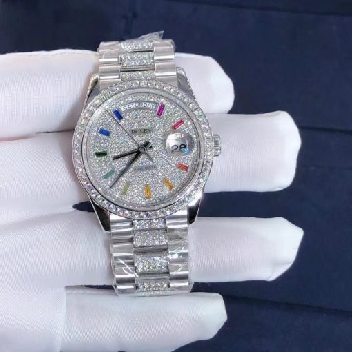 Rolex Day Date 36 128349rbr President 18k White Gold Pave Rainbow Baguette Diamond Dial (5)