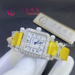 Charles Oudin Pansy Retro 20mm Yellow Silk Straps Diamond Watch With Pearls Elements Arabic Style