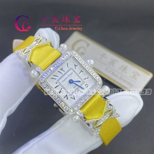 Charles Oudin Pansy Retro 20mm Yellow Silk Straps Diamond Watch With Pearls Elements Arabic Style (2)