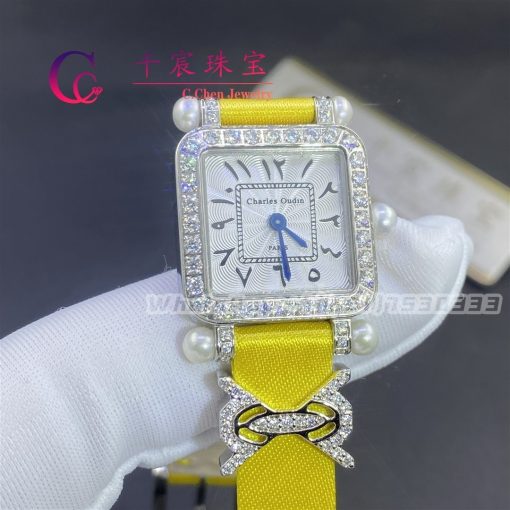 Charles Oudin Pansy Retro 20mm Yellow Silk Straps Diamond Watch With Pearls Elements Arabic Style (5)