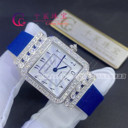 Charles Oudin Pansy Retro 24mm Blue Satin Silk Strap And Diamond Watch Arabic Style