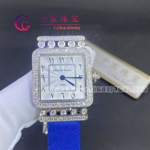 Charles Oudin Pansy Retro 24mm Blue Satin Silk Strap And Diamond Watch Arabic Style (2)