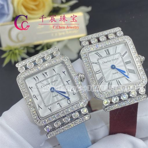 Charles Oudin Pansy Retro 24mm Light Blue Satin Silk Strap And Diamond Watch Arabic Style (3)