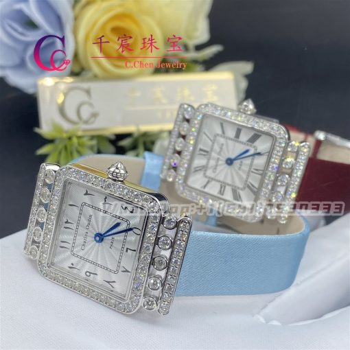 Charles Oudin Pansy Retro 24mm Light Blue Satin Silk Strap And Diamond Watch Arabic Style (5)