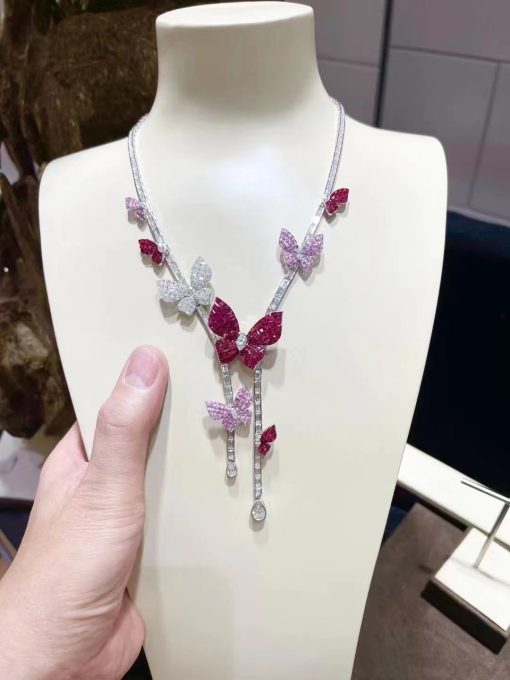 Van Cleef & Arpels White Gold Butterfly-Embellished Diamond, Ruby and Sapphire Necklace