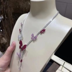 Van Cleef Arpels White Gold Butterfly Embellished Diamond Ruby And Sapphire Necklace (3)