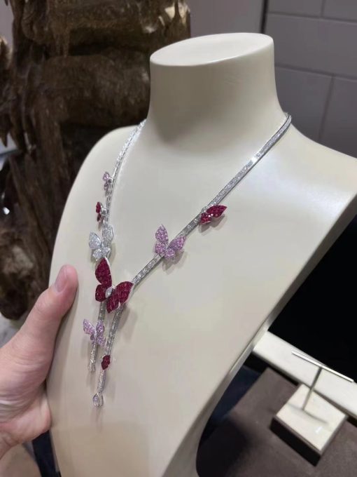 Van Cleef Arpels White Gold Butterfly Embellished Diamond Ruby And Sapphire Necklace (3)