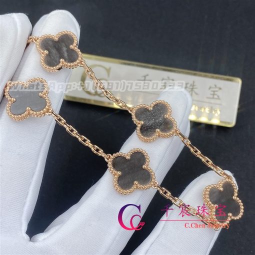 Van Cleef Arpels Vintage Alhambra Bracelet 5 Motifs Rose Gold And Silver Obsidian (5)