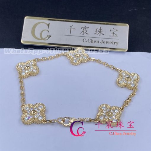 Van Cleef Arpels Vintage Alhambra Bracelet 5 Motifs Yellow Gold Diamond Vcara41400 (3)