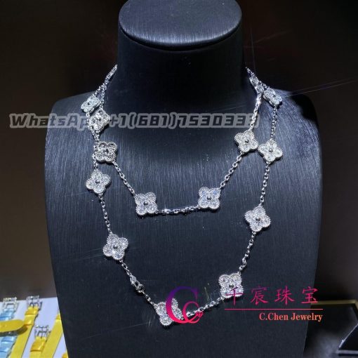 Van Cleef Arpels Vintage Alhambra Long Necklace 20 Motifs 18k White Gold Diamond Vcara43300 (2)